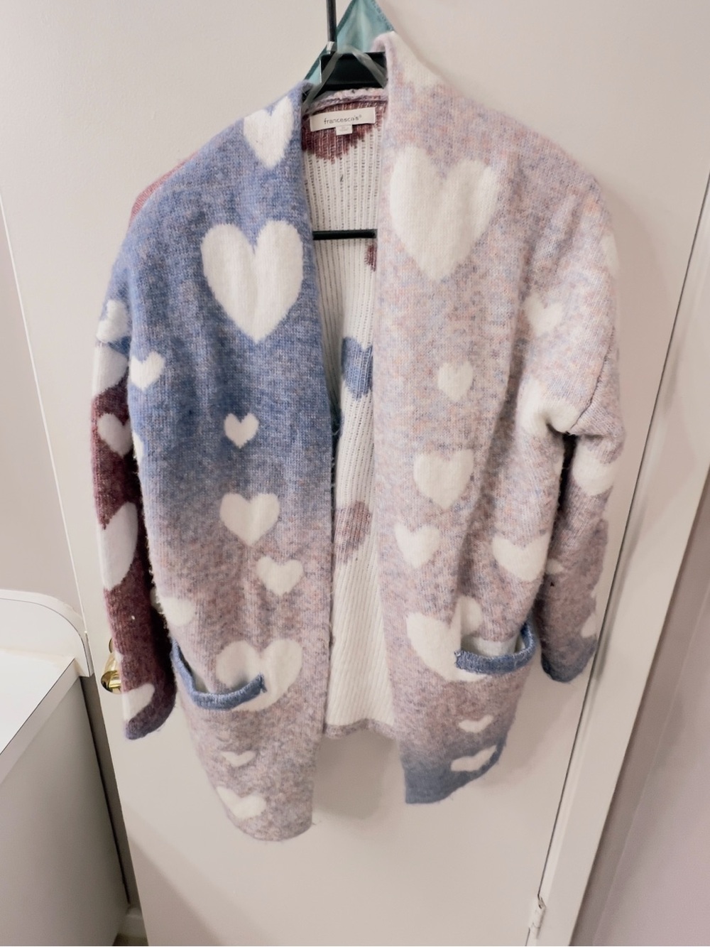 Francesca's Pastel Heart Open Cardigan Jacket - Blue, Pink & White